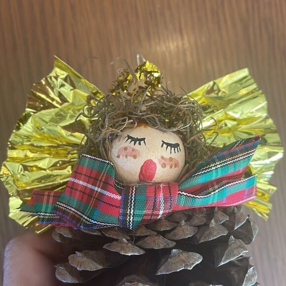 Fun & kitschy pine cone singing angel Christmas ornament with gold wings & halo - Picture 2 of 6